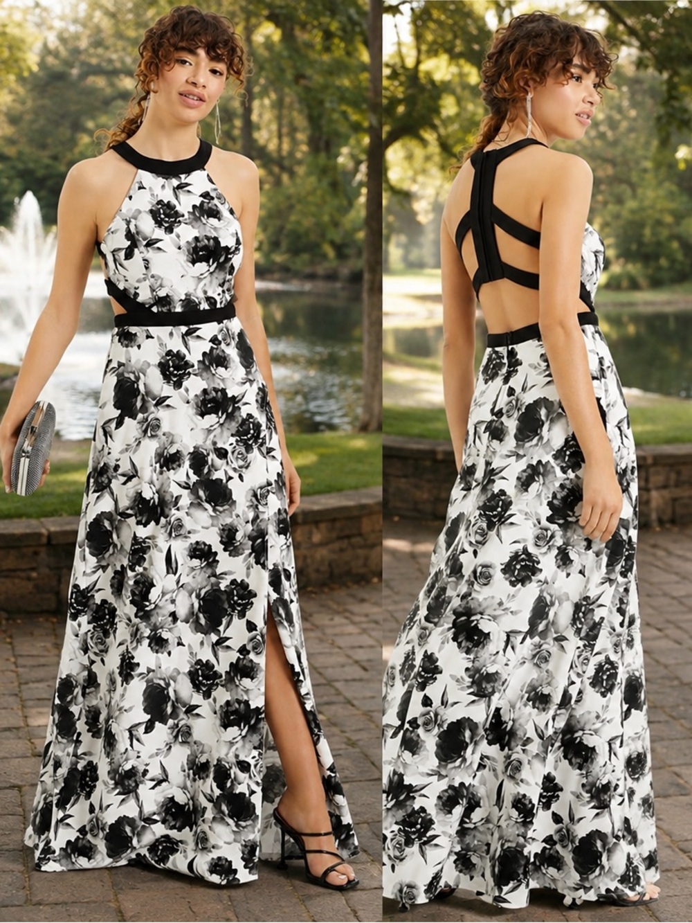 Speechless Black & White Floral Backless Halter Maxi Dress Size 9
